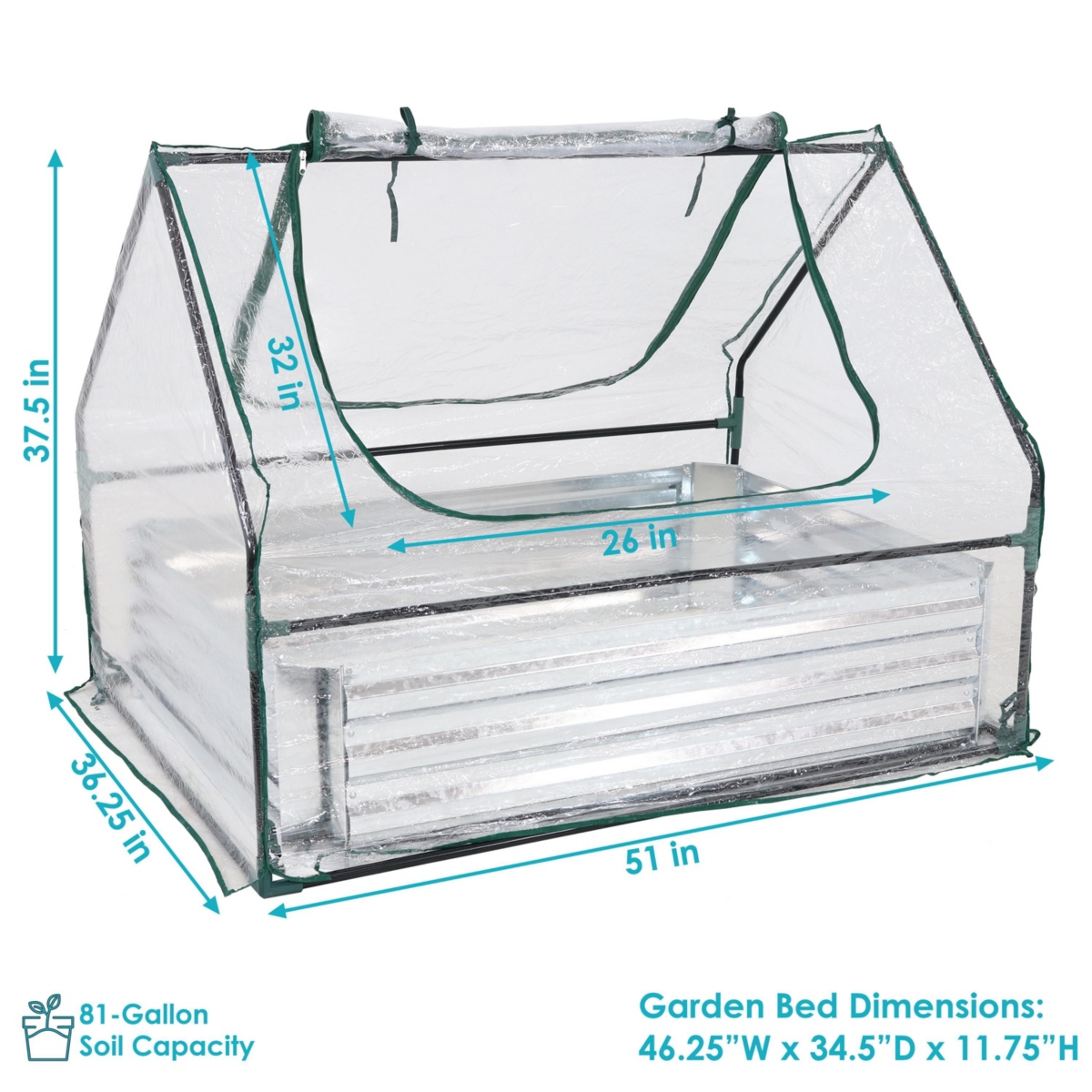 Sunnydaze Decor Galvanized Steel Raised Bed with Greenhouse Kit - x