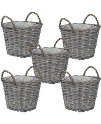 5-Piece Wicker Planter Basket Set with Handles - Plastic Lined Containers - For Indoor Use Only - Willow Wicker Construction with Steel Wire Frame - 8-Inch Diameter