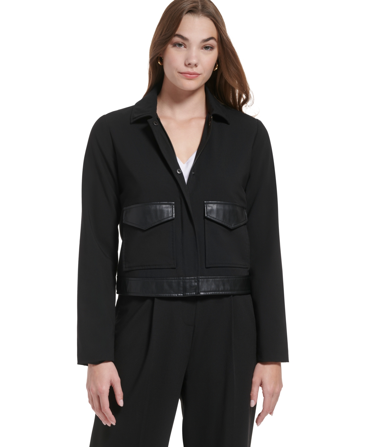 Calvin Klein Women's Faux Leather Trim Zip Front Jacket