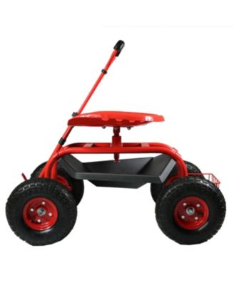 Garden Cart Rolling Scooter with Extendable Steering Handle - Swivel Seat and Utility Basket - Red