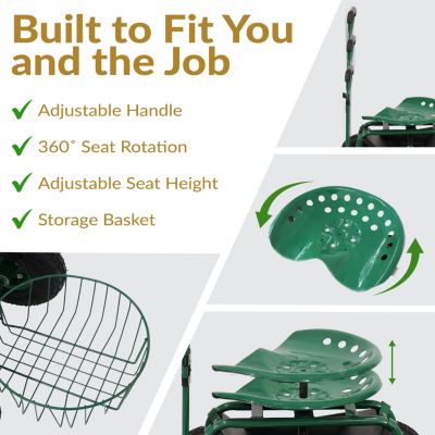 Garden Seat with Wheels - Rolling Garden Stool with Extendable Steer Handle, Swivel Seat and Utility Tool Tray - Green