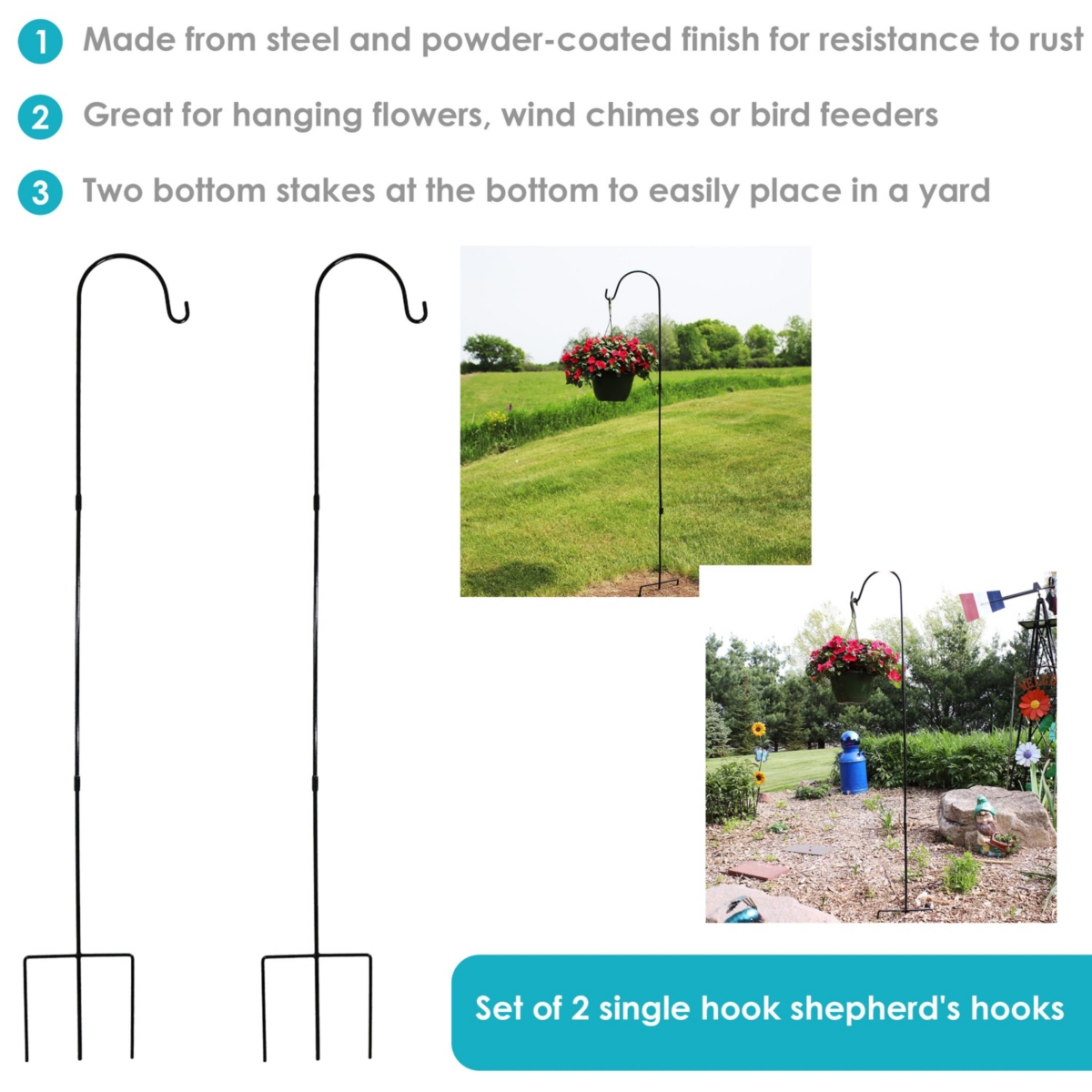 Sunnydaze DecorSteel Hanging Single Shepherd Hooks - - Set of 2 - Black