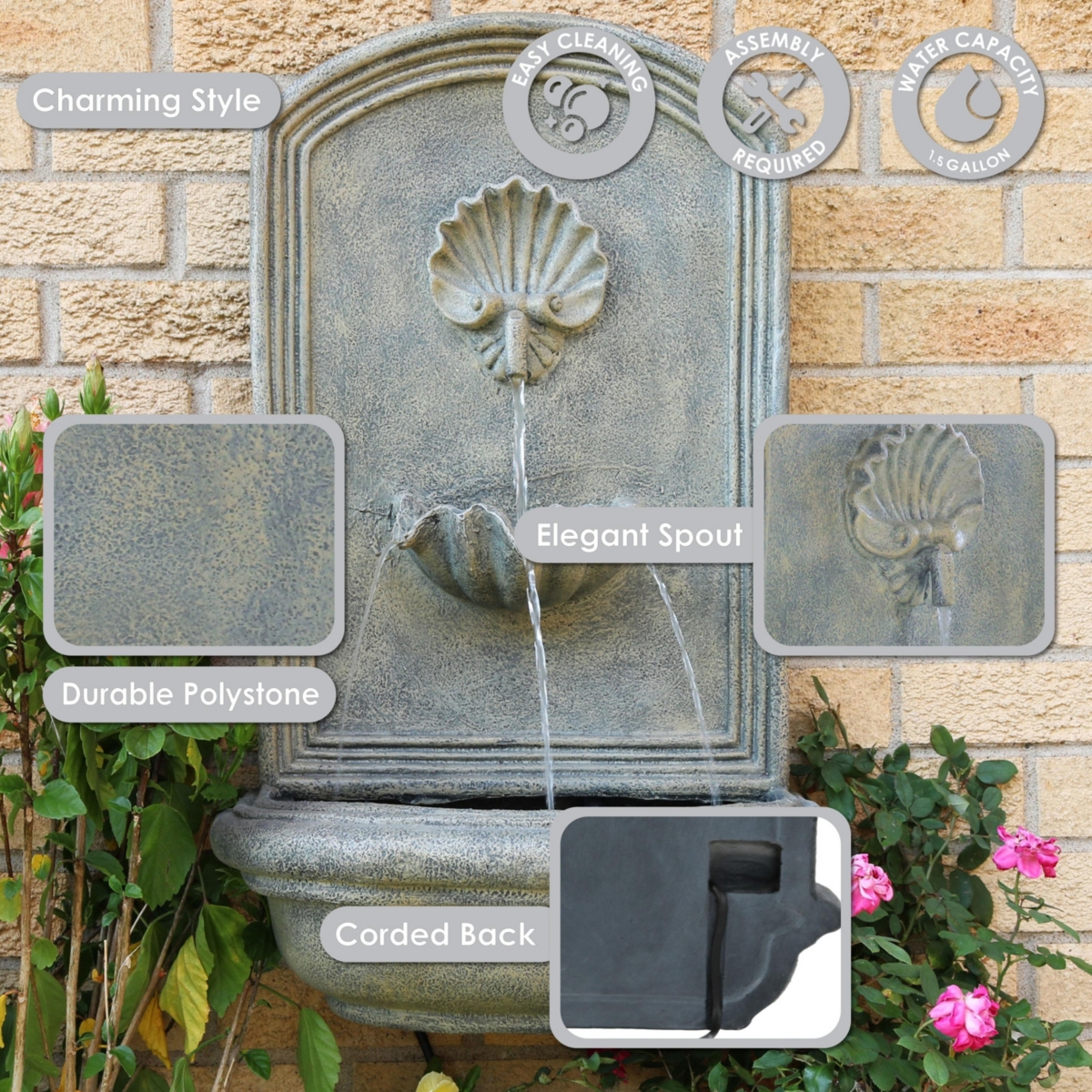 Seaside 27-Inch Outdoor Wall Fountain - Outdoor Water Fountain for Garden, Patio and Balcony