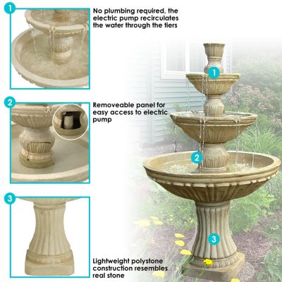 Classic Designer 55-Inch 3-Tier Polystone Outdoor Water Fountain - Electric Submersible Pump - Dark Brown