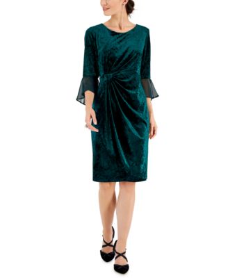 Women's Velvet Sheath Dress Green Black O-Neck Short Sleeve Slim Pencil Office Work Wear Knee Length Dresses