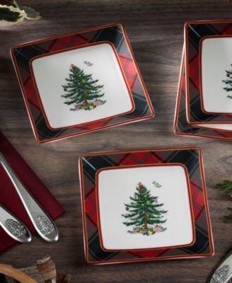 Christmas Tree Tartan Square Tidbit Plates, Set of 4
