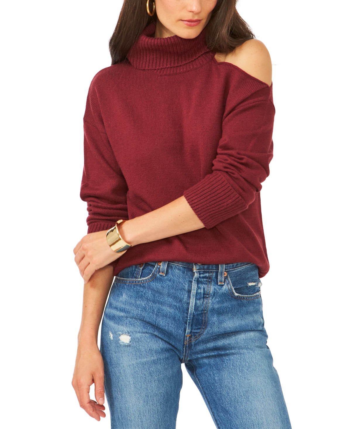 1.state Cut Out Shoulder Turtleneck Smog Yarn Sweater In Windsor Wine