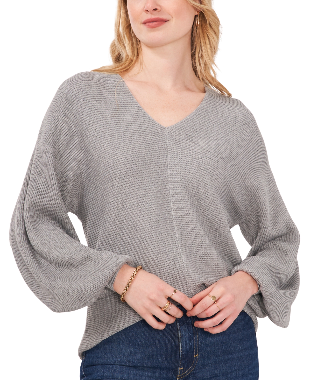 1.state Women's Rib-knit Bubble Sleeve Long Sleeve Sweater In Silver Heather
