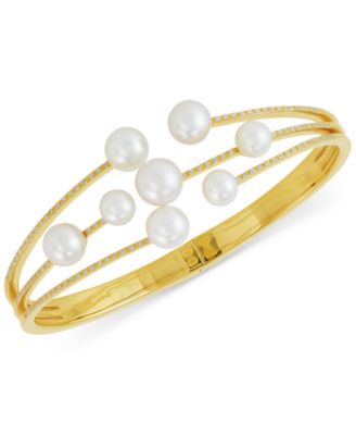 Honora - Cultured Freshwater Pearl (6 - 8-1/2mm) & Diamond (1/3 ct. t.w.) Bangle Bracelet in 14k Gold-Plated Sterling Silver