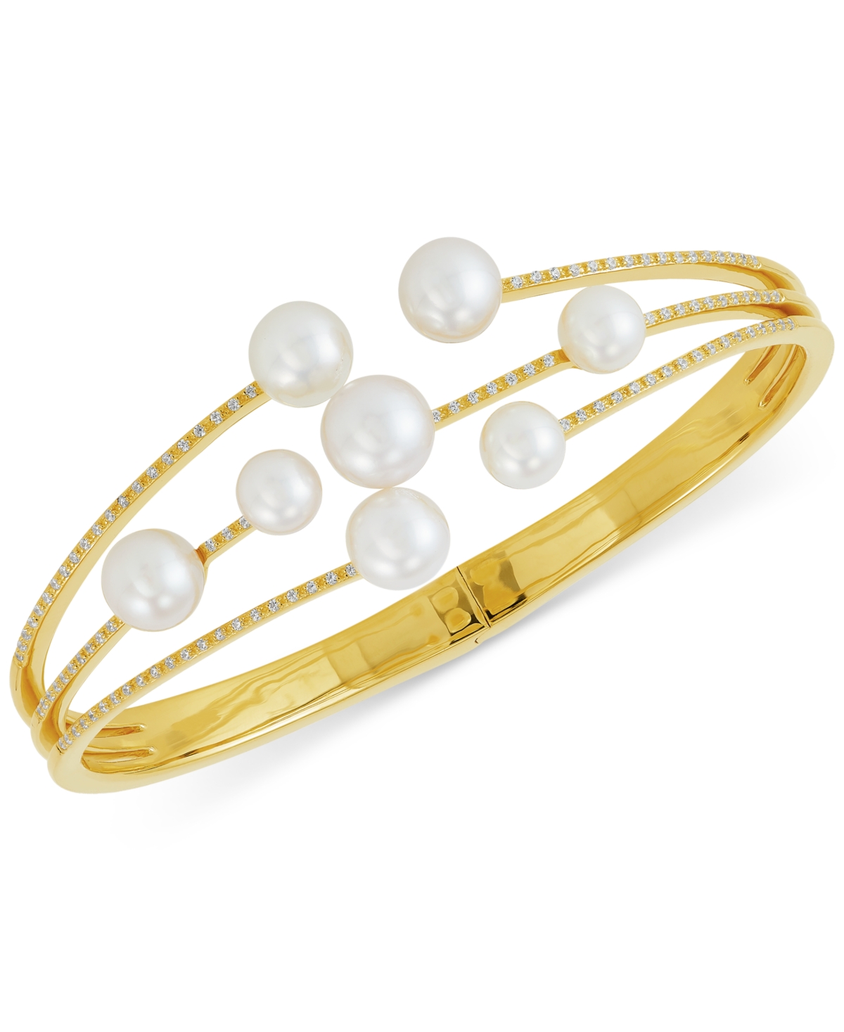 Honora Cultured Freshwater Pearl (6 - 8-1/2mm) & Diamond (1/3 Ct. T.w.) Bangle Bracelet In 14k Gold-plated In Gold Over Silver