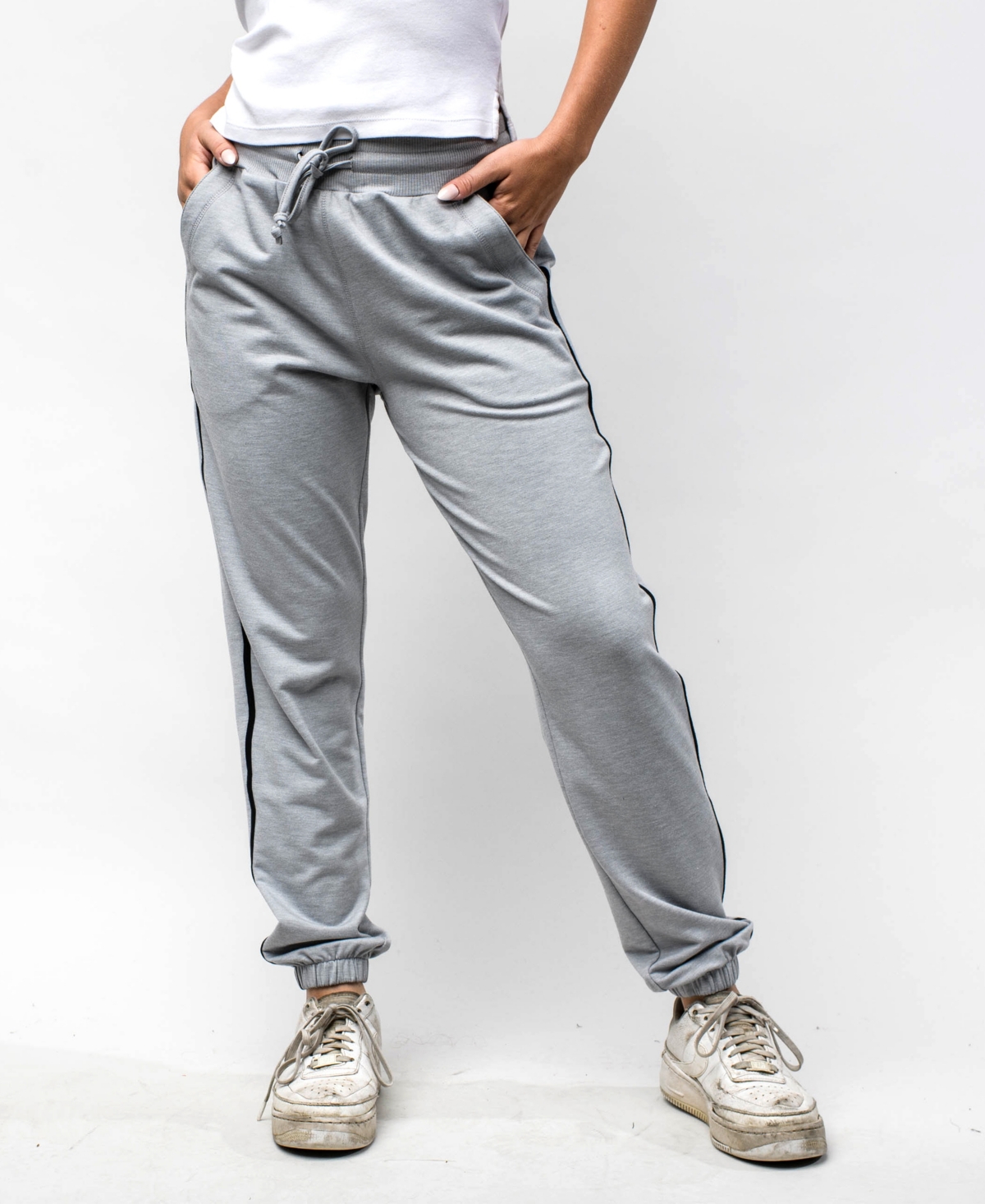 Women's Drawstring Sweat Pants with Stripe - Charcoal, Black