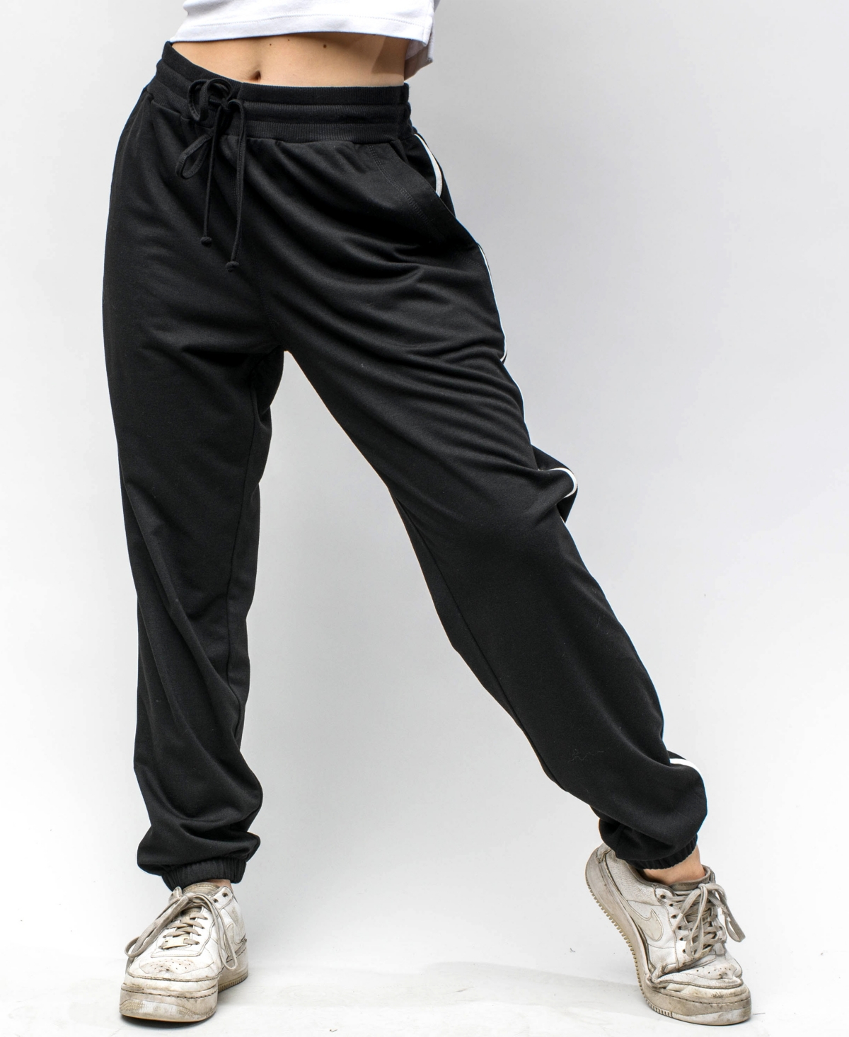 Women's Drawstring Sweat Pants with Stripe - Charcoal, Black