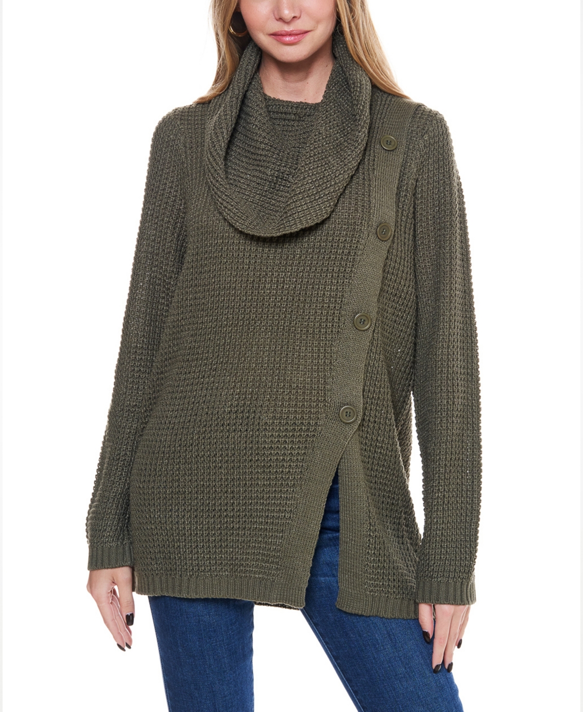 Women's Waffle Knit Cowl Neck Sweater with Buttons - Olive