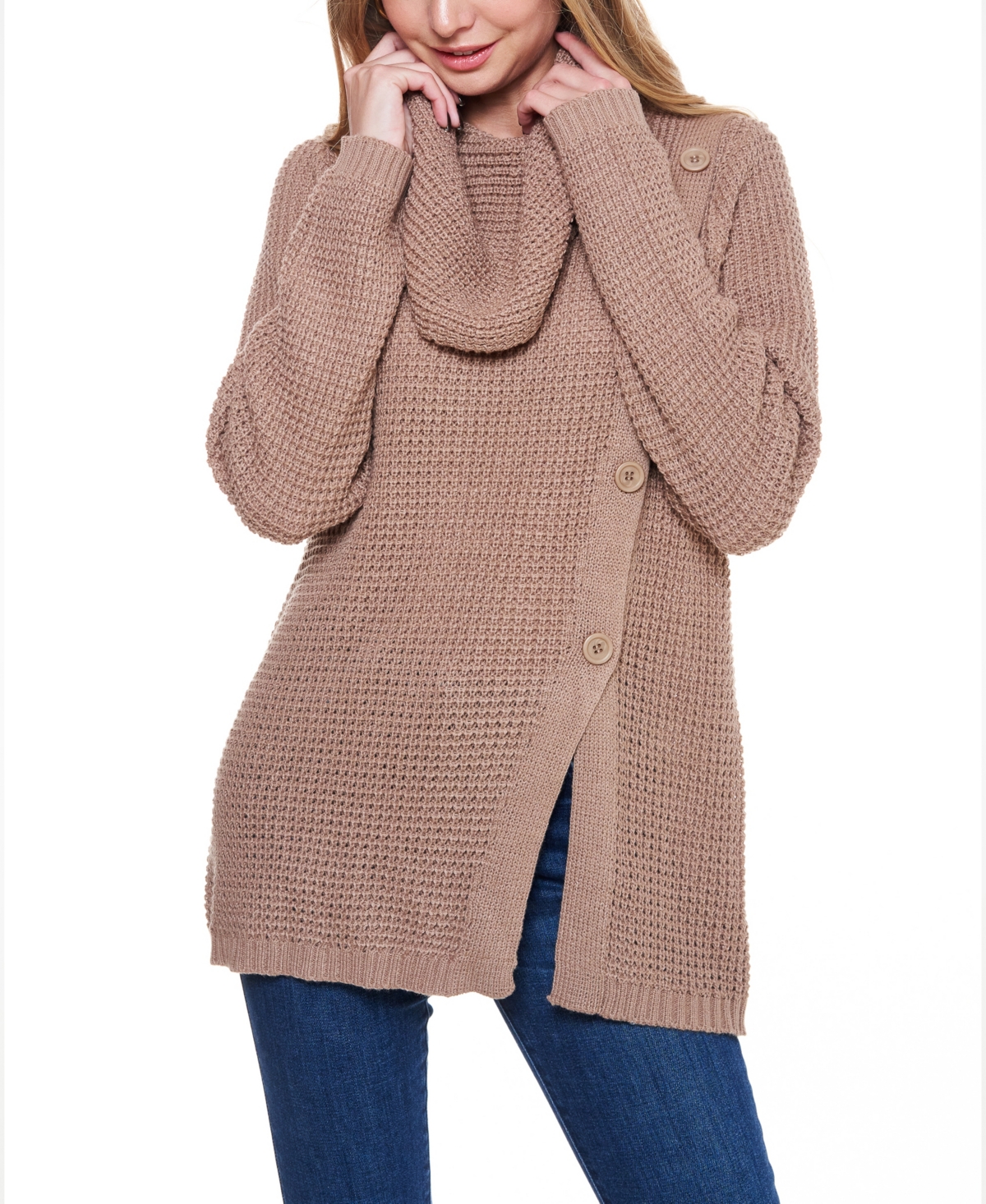 Fever Women's Waffle Knit Cowl Neck Sweater with Buttons