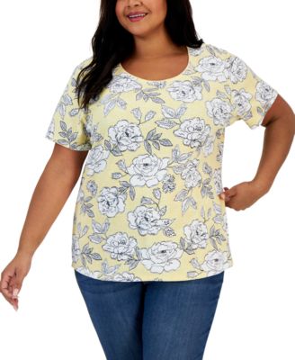 Karen Scott - Plus Size Papercut Floral-Print Scoop-Neck Top