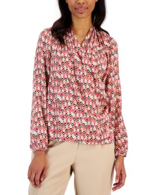 Anne Klein - Women's Printed Flat Satin Long-Sleeve Faux-Wrap Draped Blouse