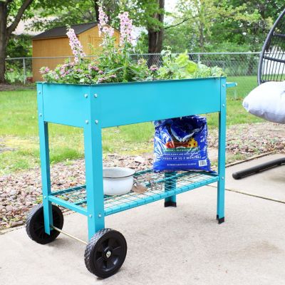 Outdoor Galvanized Steel Raised Mobile Elevated Planter Cart with Handlebar and Wheels - 43"
