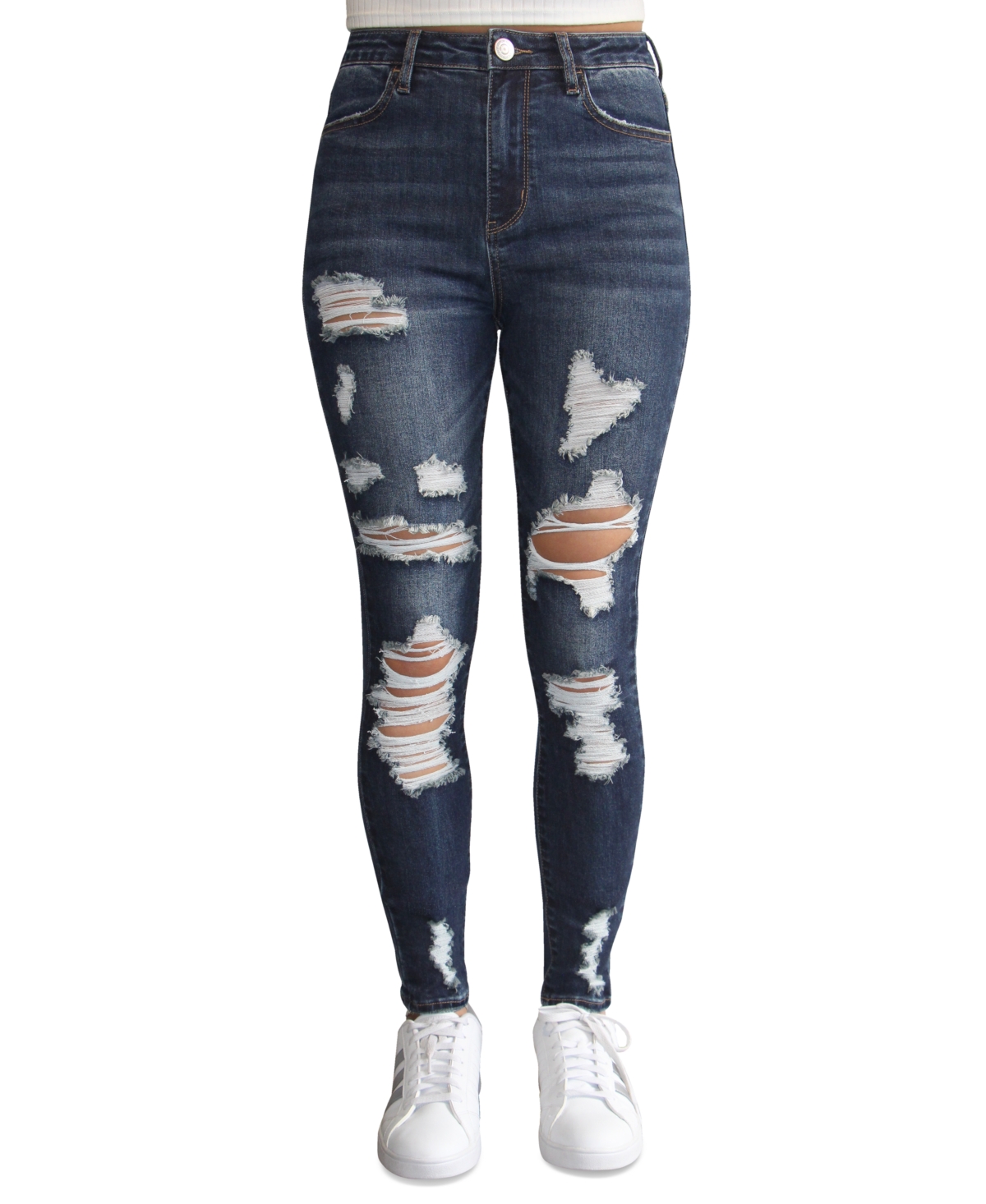 Almost Famous Crave Fame Juniors' High-rise Destructed Skinny Jeans In Dark Wash