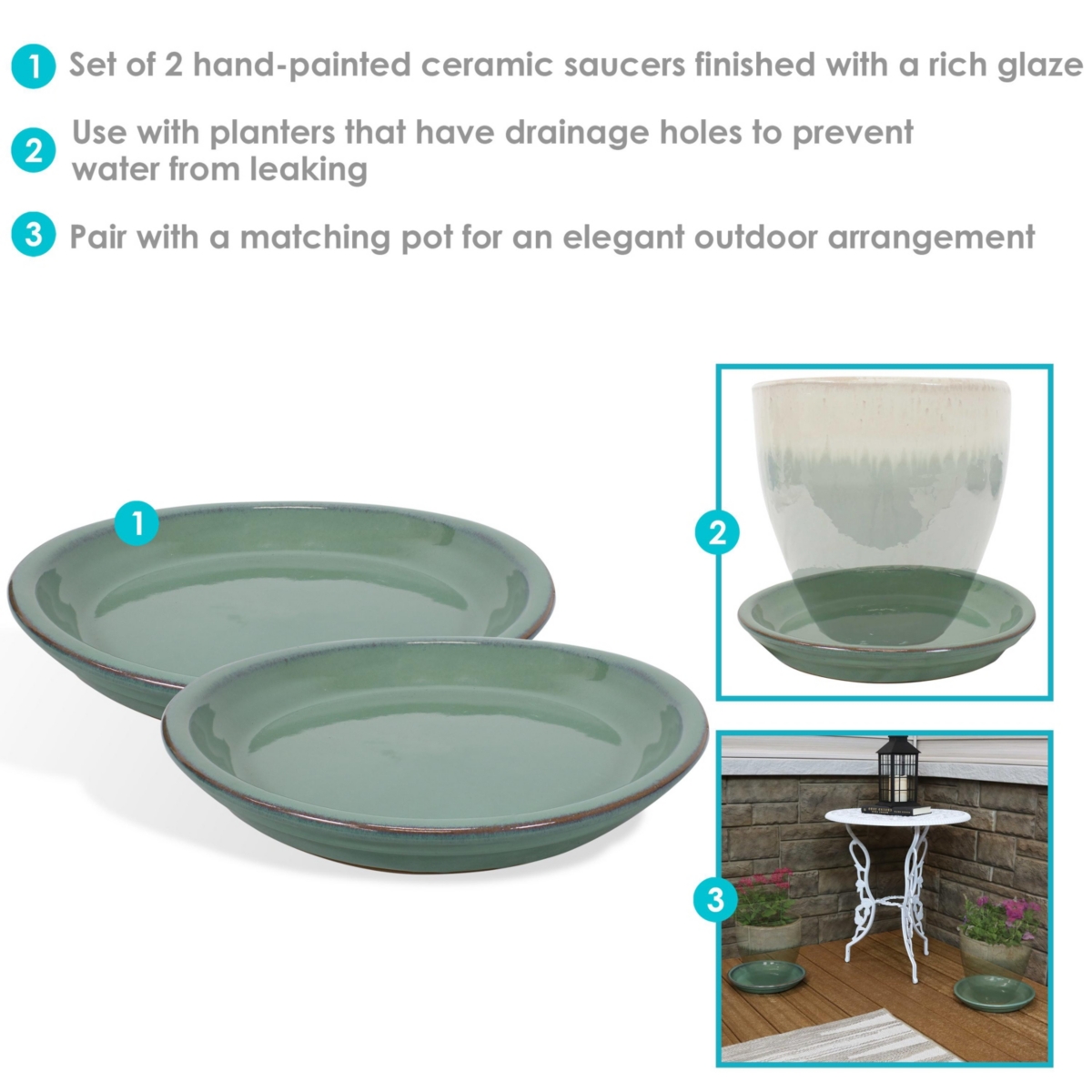 Sunnydaze Decor Glazed Ceramic Flower Pot/Plant Saucer - Seafoam - Set of 2
