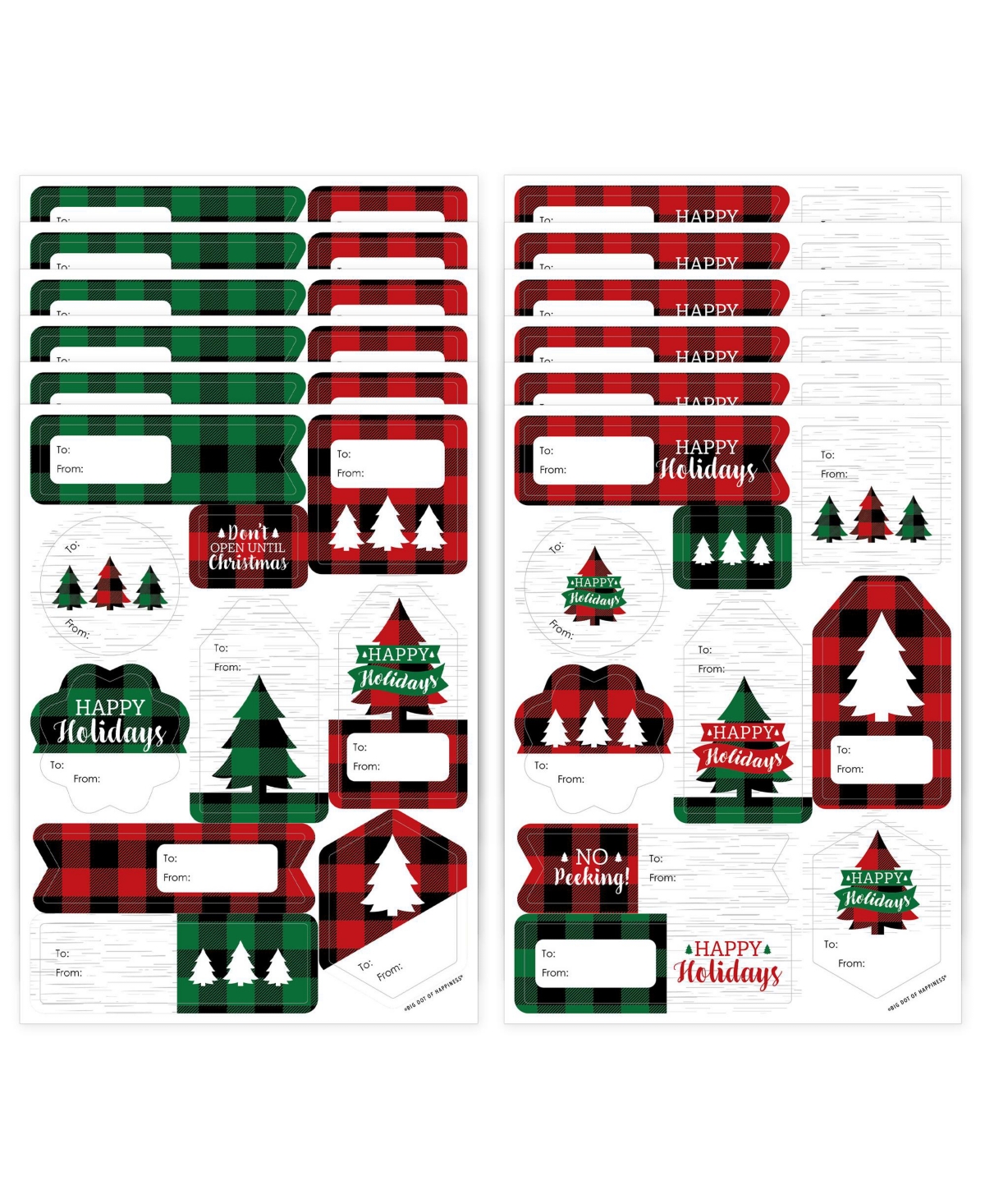 Big Dot of Happiness Holiday Plaid Trees Christmas Party Gift Tag Labels To and From 120 Stickers - Assorted Pre-Pack