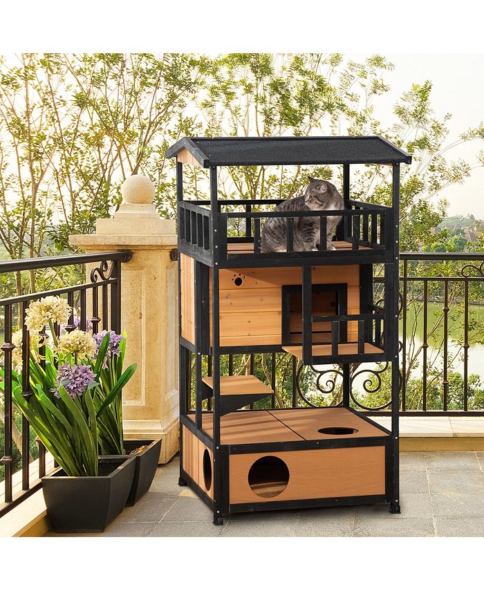 PawHut Cat House, Kitten Condo Shelter w/ Raised Base Asphalt Roof