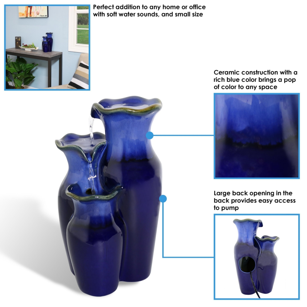 Sunnydaze Decor TieredPitchers Ceramic Indoor Water Fountain - - Blue