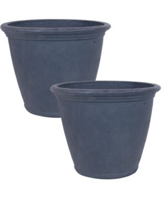 Anjelica 24" Outdoor Double-Walled Polyresin Planter with UV-Resistant Slate Finish - Set of 2