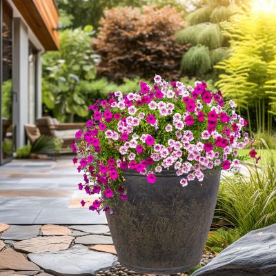 Anjelica Flower Pot Planter - Outdoor/Indoor Unbreakable Double-Walled Polyresin with UV-Resistant Sable Finish - Set of 4 - Large 24-Inch Diameter