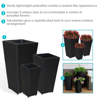Decorative Square Polyrattan Basket-Style Planters - 9", 11.5", and 14.75" Square - Black - 3-Piece Set