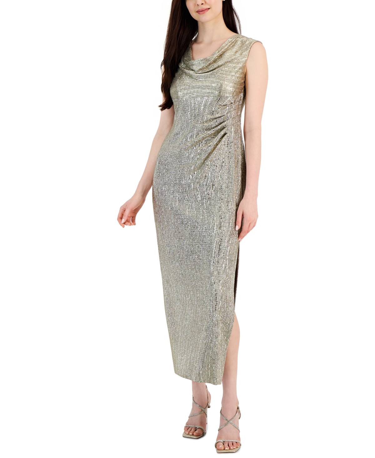 Connected Petite Cowlneck Metallic Gown In Mushroom Gold