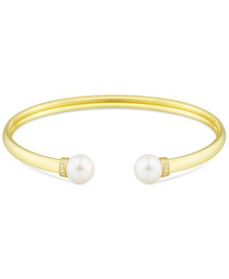 Honora - Cultured Freshwater Pearl (8mm) & Diamond (1/20 ct. t.w.) Cuff Bangle Bracelet in 14k Gold-Plated Sterling Silver