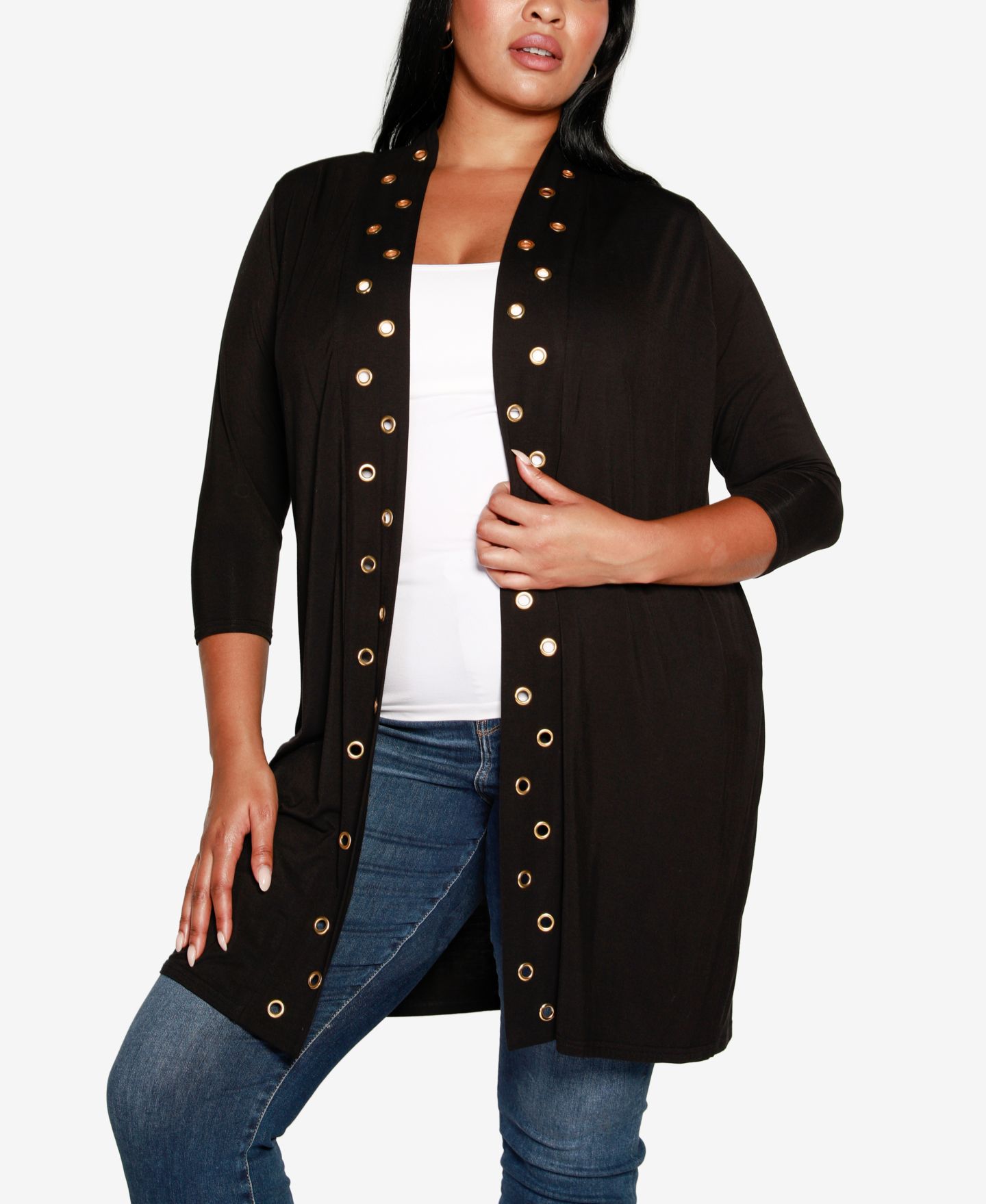 Женский кардиган Belldini Plus Size Grommet-Trim Duster Cardigan, цвет: Чёрный / Золотой — фото 3