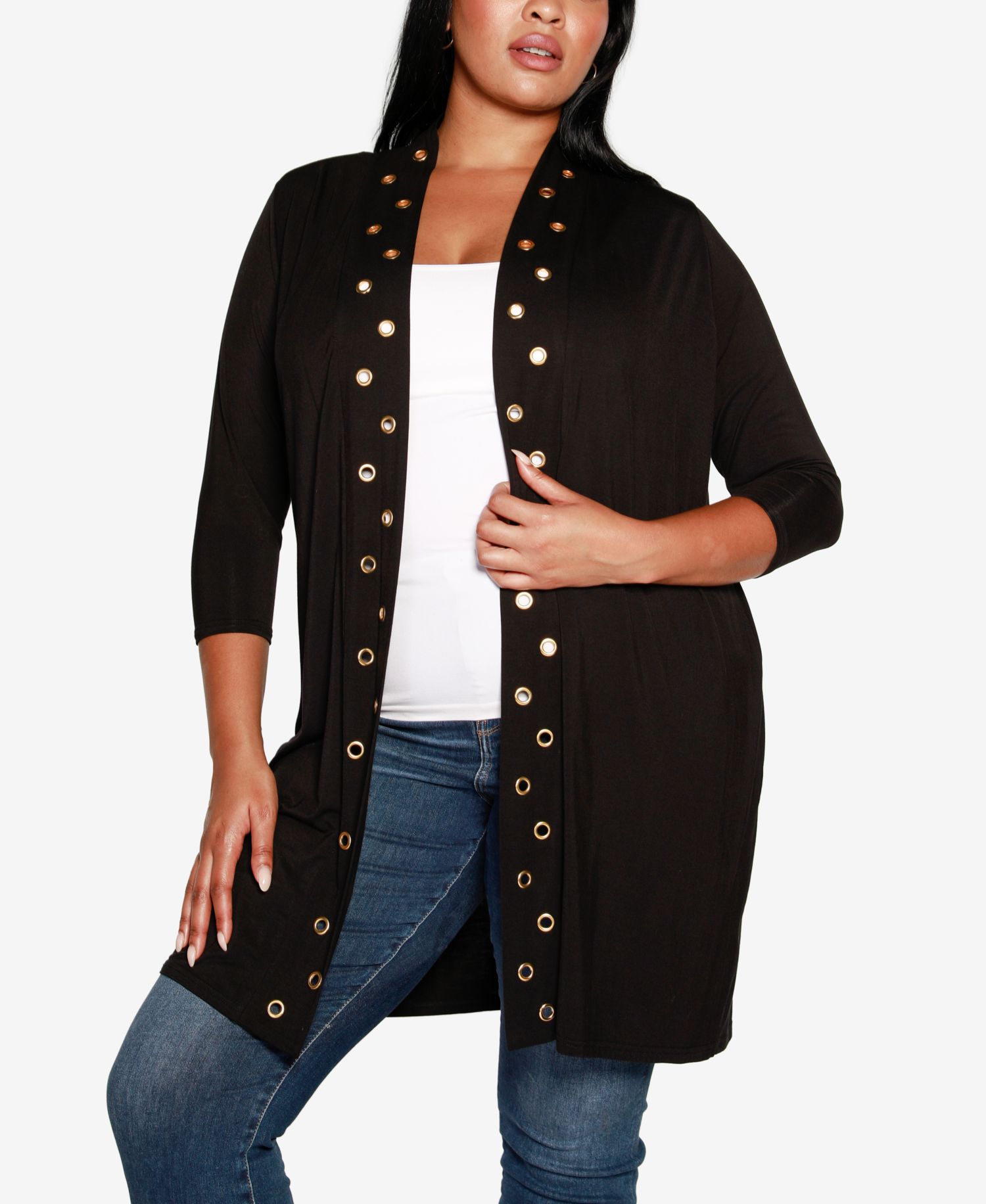 Plus Size Grommet-Trim Duster Cardigan Sweater