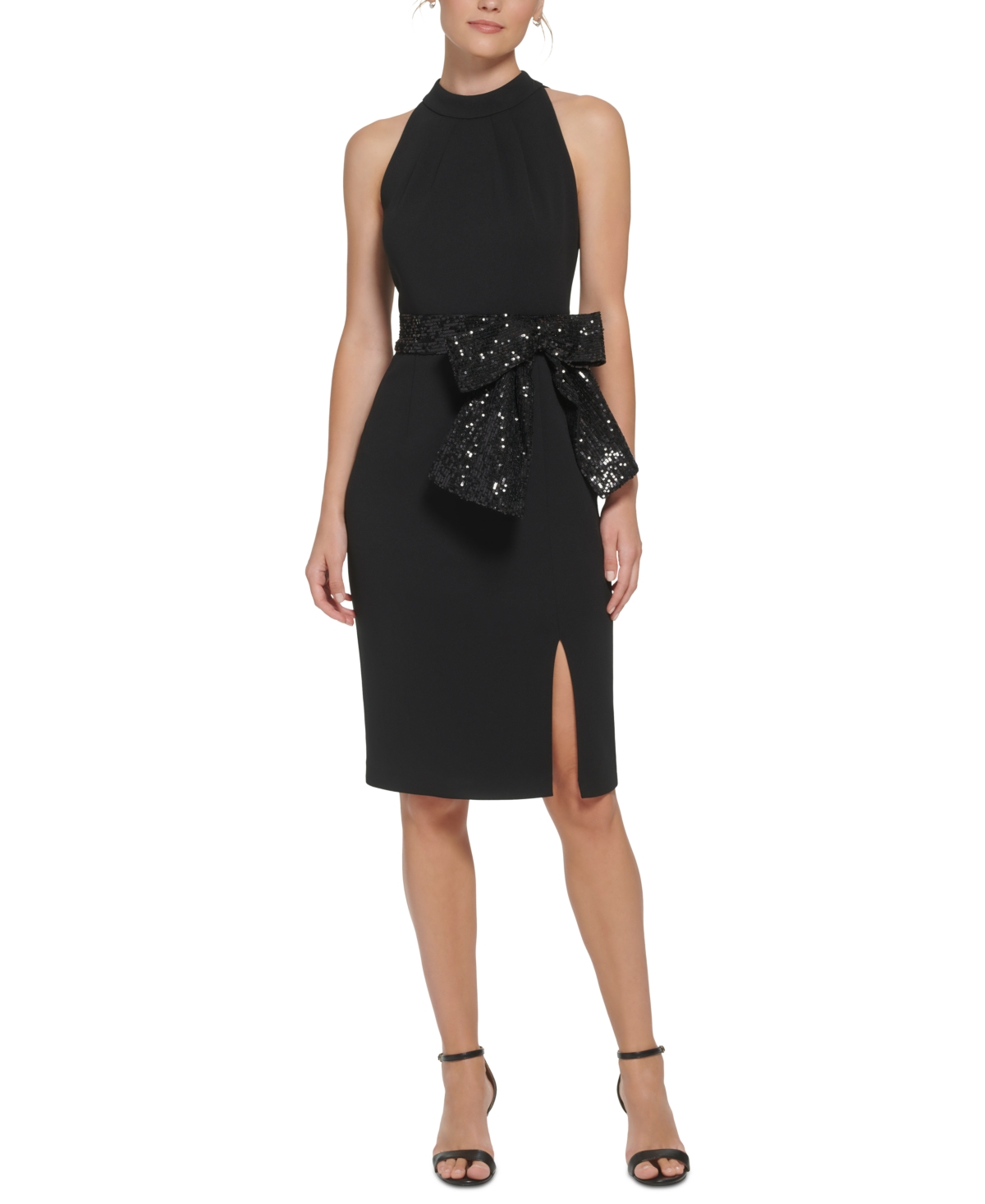Women's Sequin-Bow Sleeveless Sheath Dress - Black