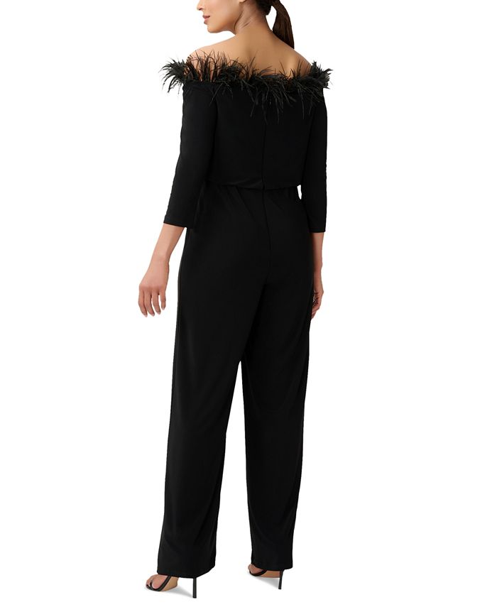 Adrianna Papell Women's Feather-Trim Wide-Leg Jumpsuit - Macy's