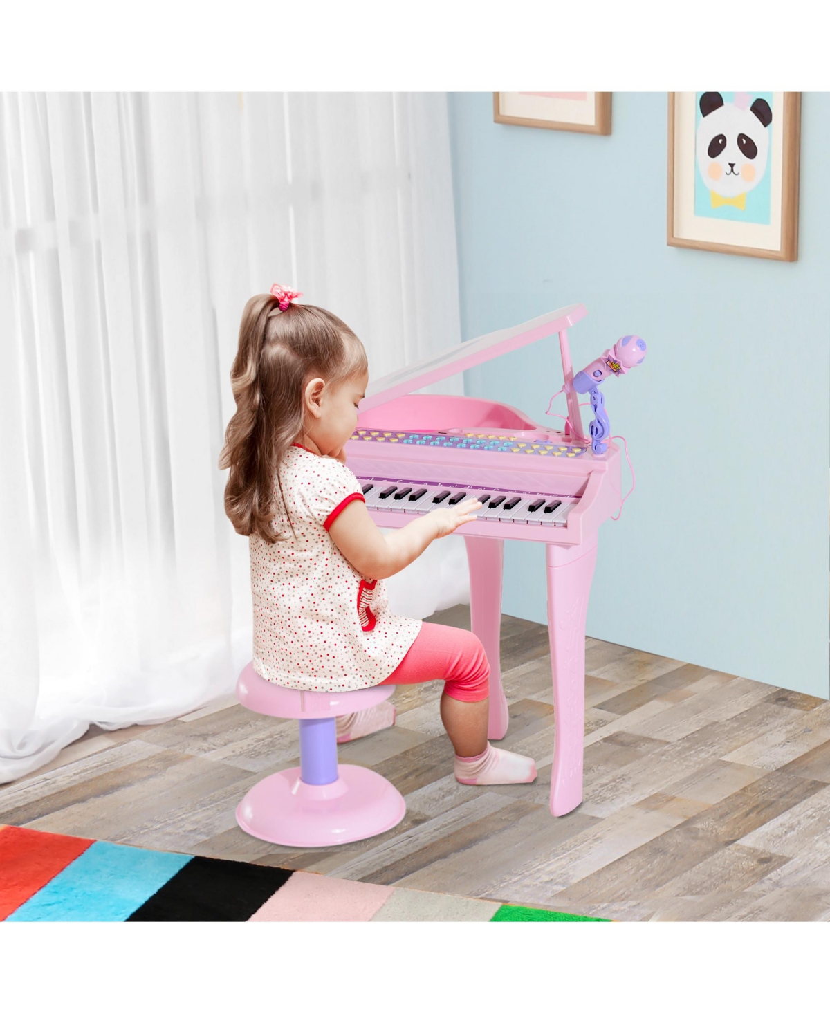 Qaba Kids Play Piano Electronic Keyboard Toy W/ Stool & Microphone- Pink