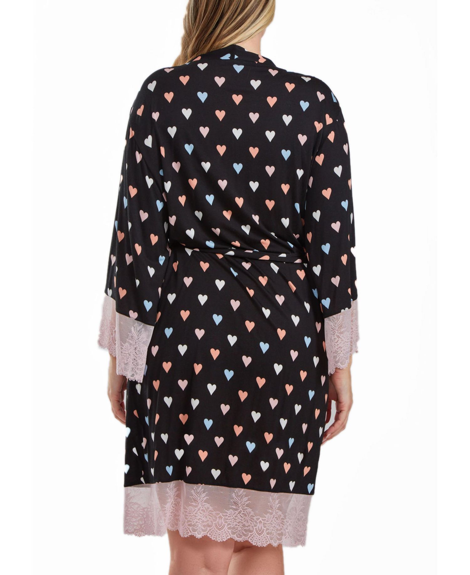 Tobey Plus Size Modal Hearts Robe Trimmed in Contrast Lace with Self Tie Sash