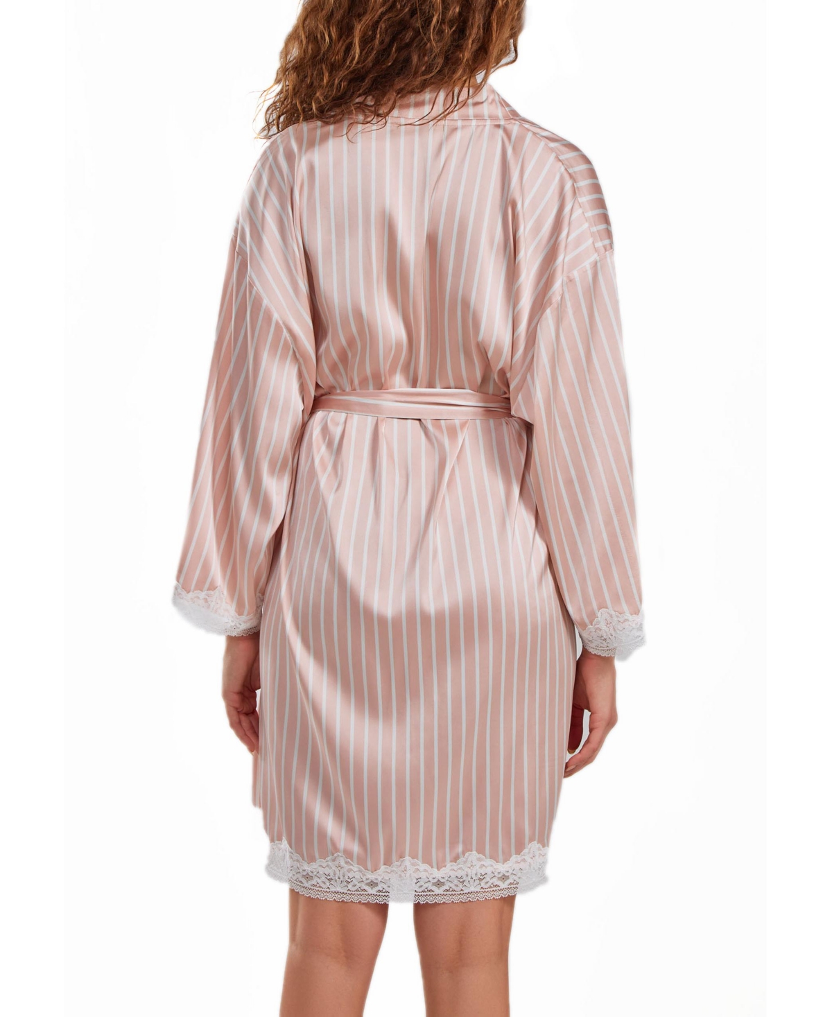 iCollection Women's Brillow Satin Striped Robe with Self Tie Sash and Trimmed in Lace