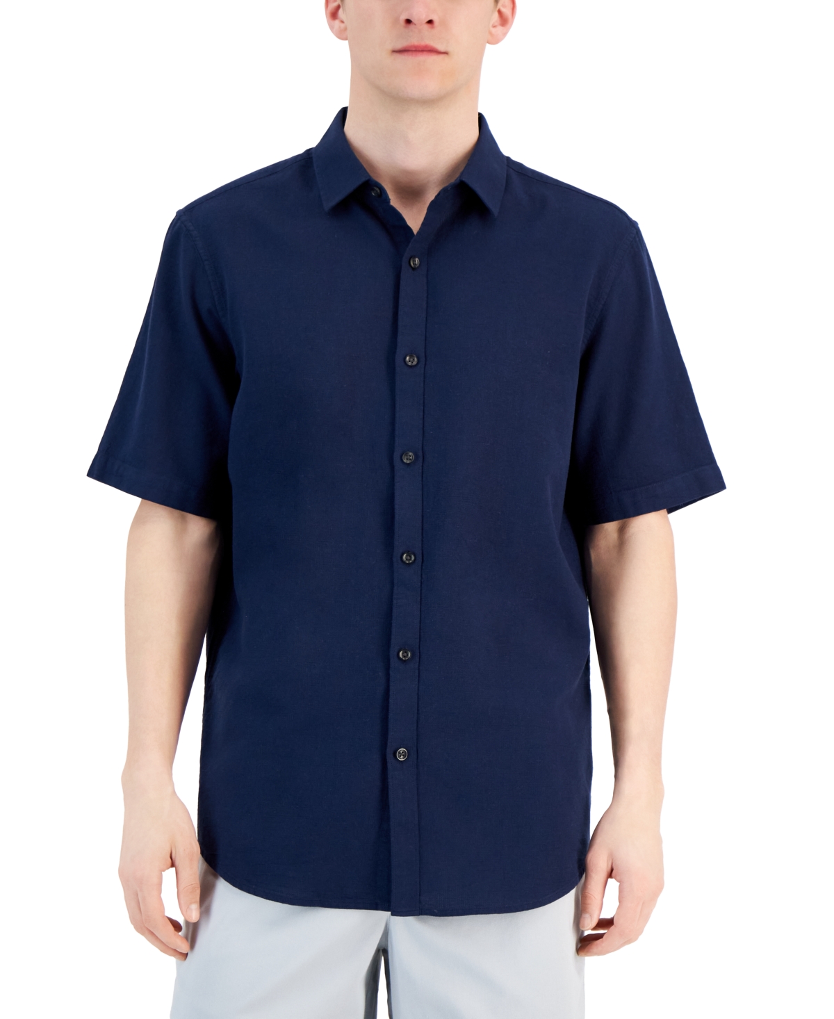Shop Alfani Men's Short-sleeve Solid Textured Shirt, Created For Macy's In Neo Navy