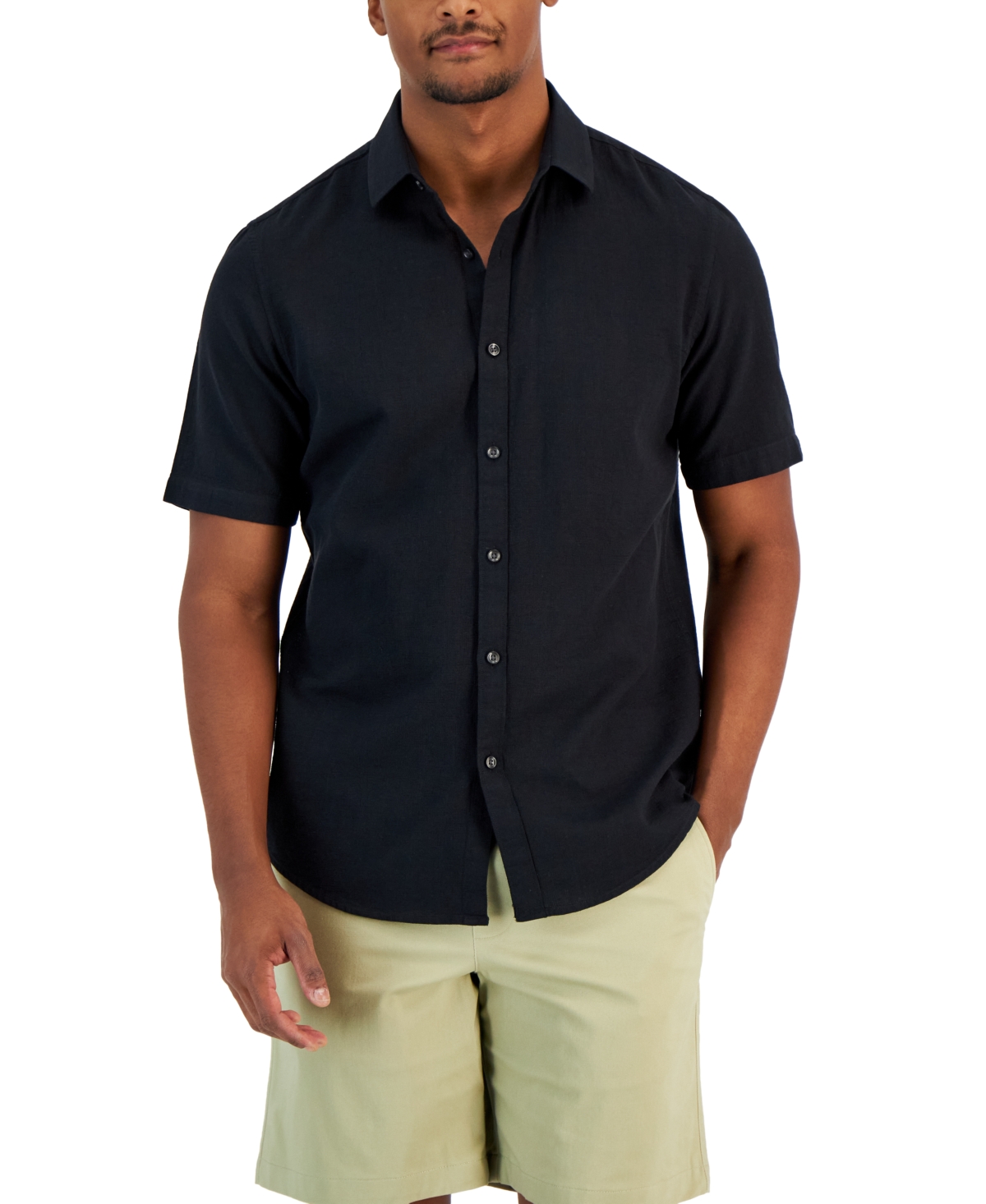 Alfani Men's Short-sleeve Solid Textured Shirt, Created For Macy's In Deep Black
