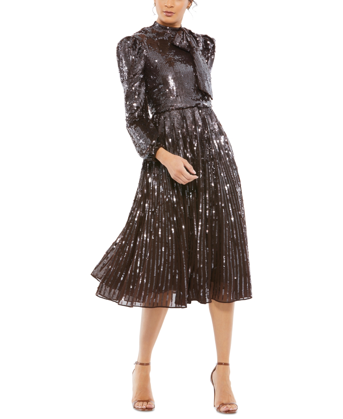 Mac Duggal High Neck Long Sleeve Sequin Tea Length Gown In Dark Chocolate
