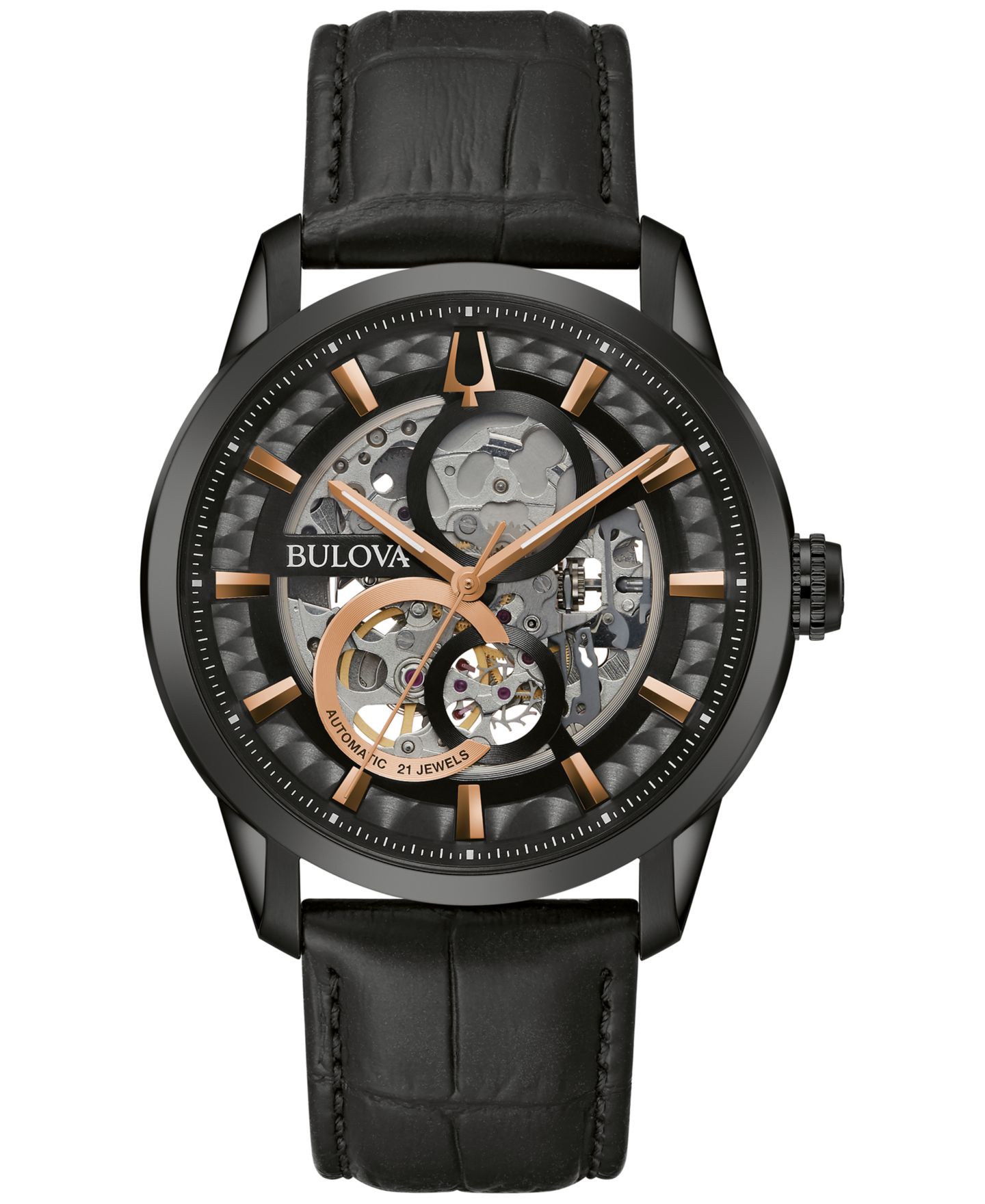 Мужские часы Bulova Automatic Sutton Black Leather Strap Watch 43mm — фото 1