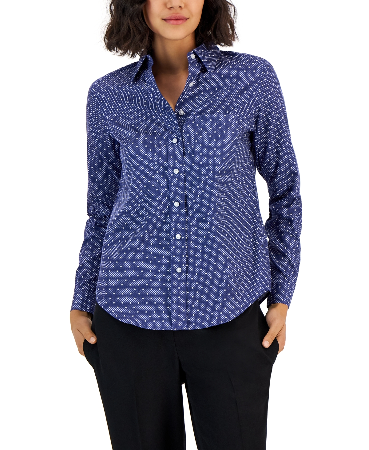 Women's Easy Care Button Up Long Sleeve Blouse - Blue-White