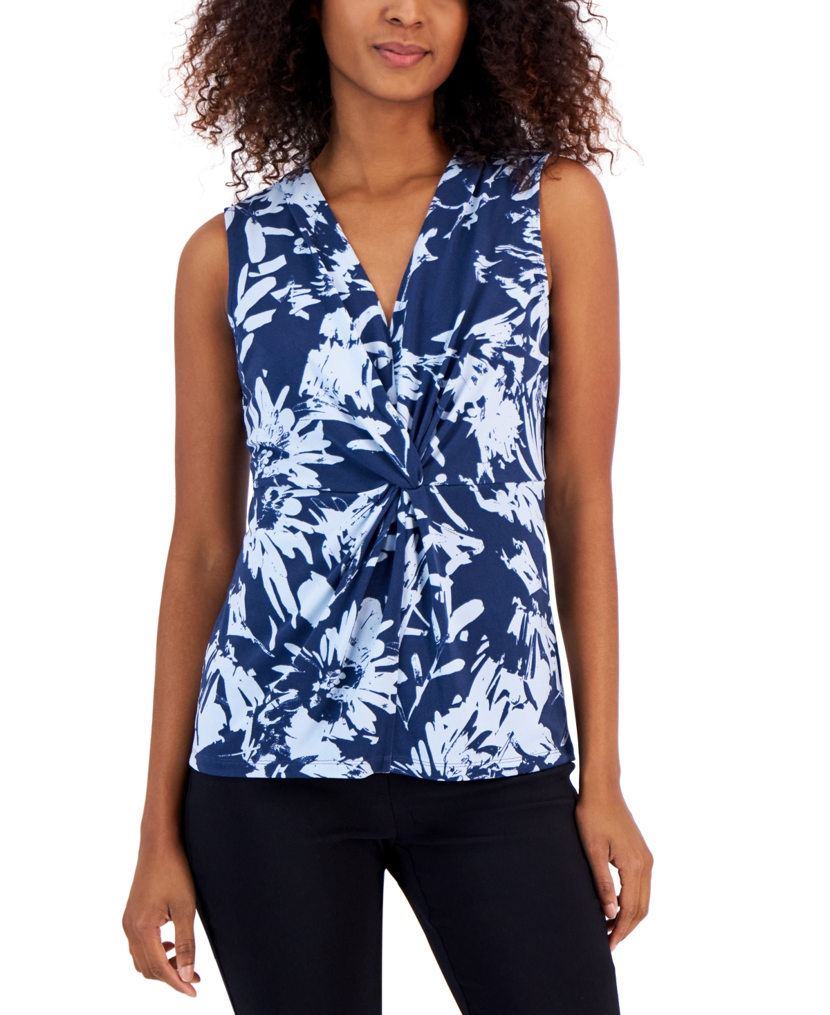 Alfani Petite Printed V-neck Twist-front Sleeveless Top, Created For Macy's In Sargasso Sea