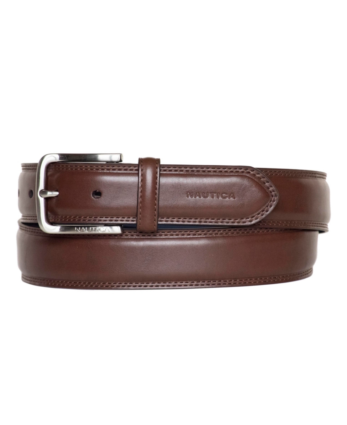 Men's Inlay Logo Signature Double Stitch Leather Belt - Cognac