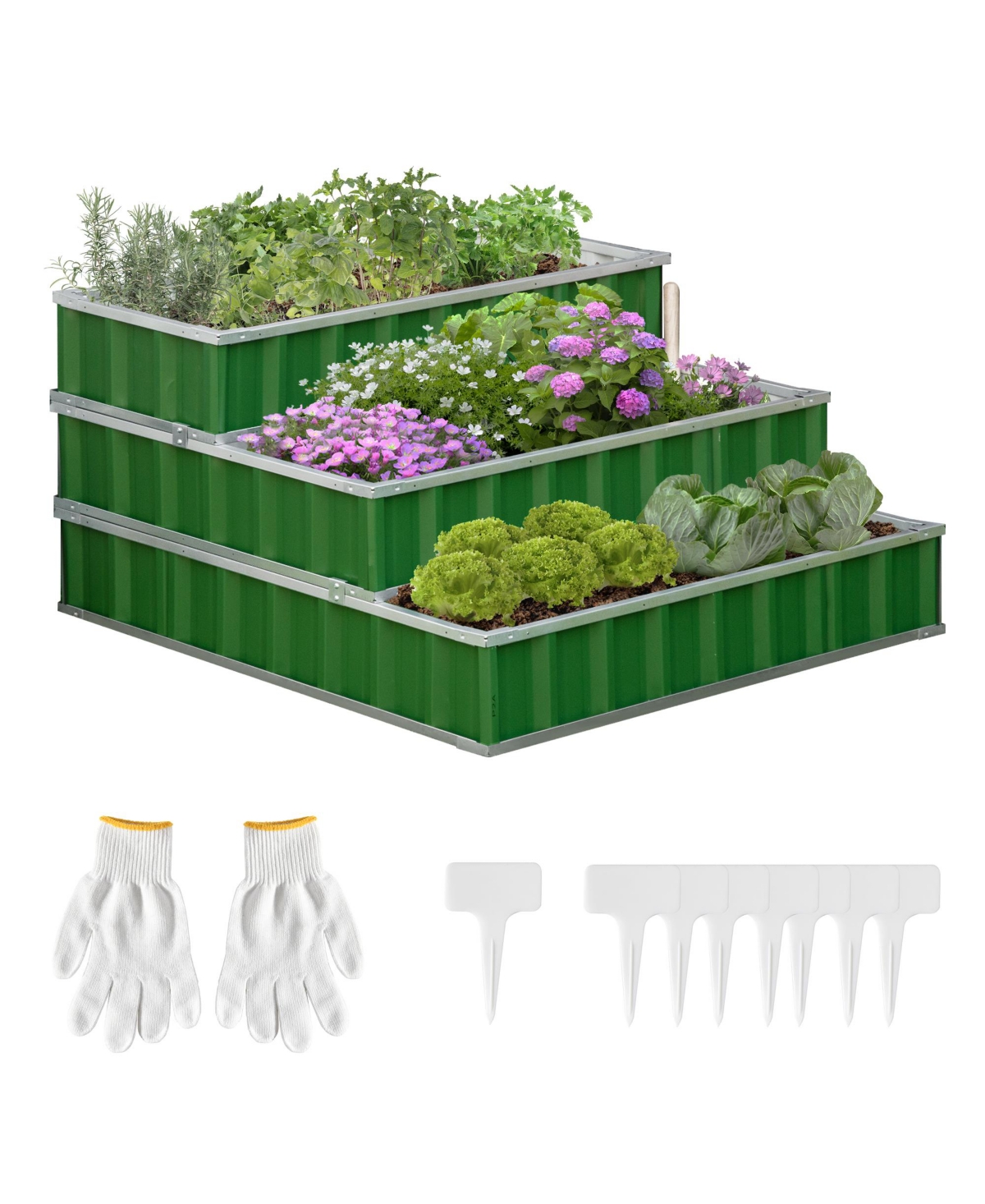 3 Tier Raised Garden Bed, Metal Planer Box w/ Gloves, Easy Assembly - Green