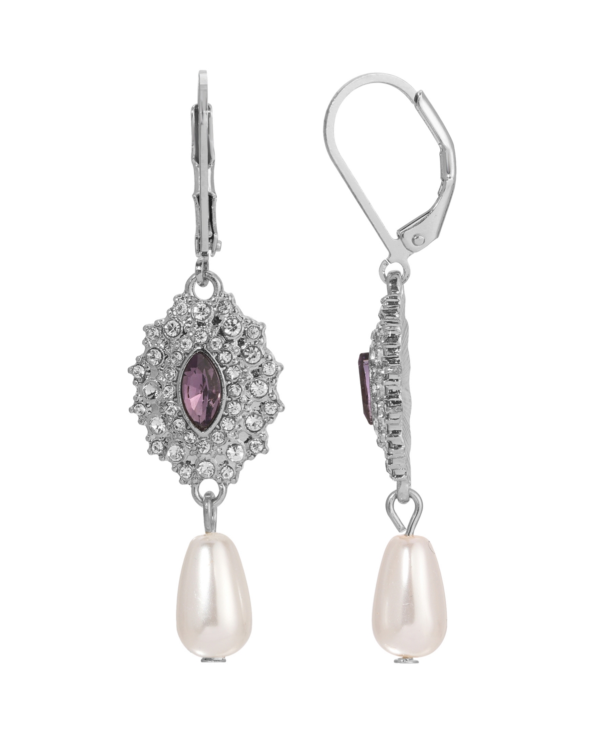 2028 Silver-tone Colored Stone Imitation Pearl Earrings In Purple