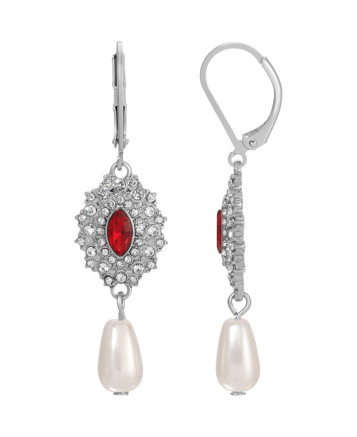 2028 Silver-tone Colored Stone Imitation Pearl Earrings In Red