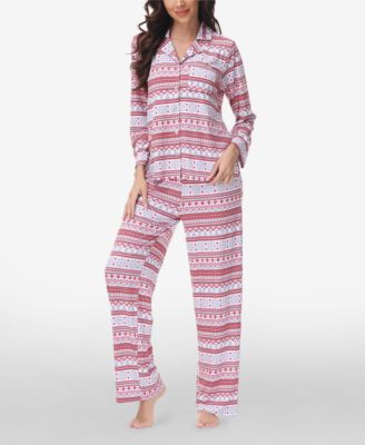 Women's Printed Long Sleeve Notch-Collar Pajama Set, 2 Piece