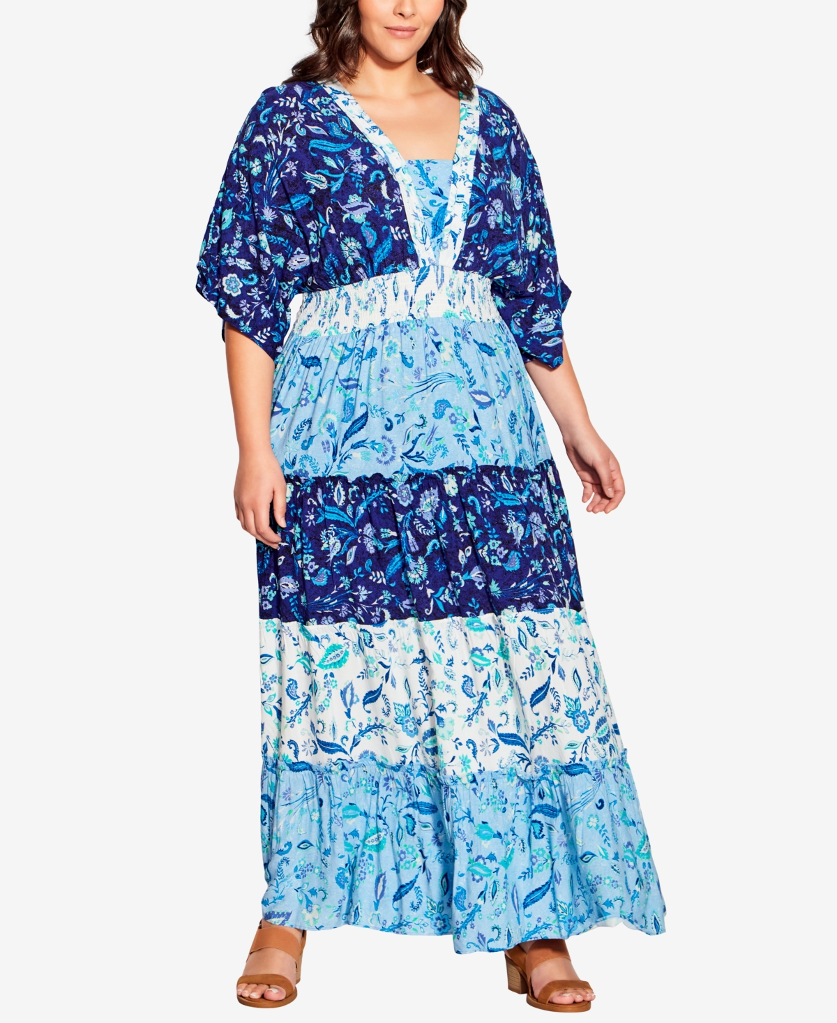 Avenue Plus Size Daisy Tiered Maxi Dress In Blues Floral Mix